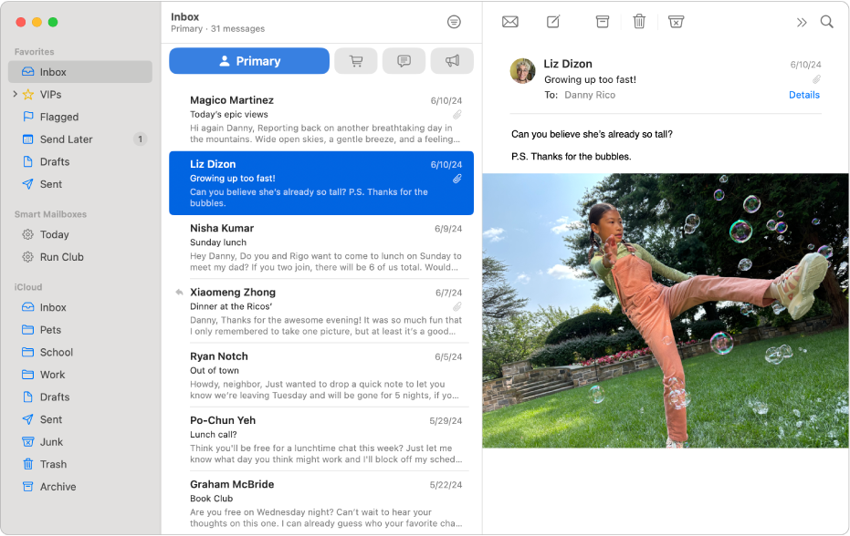Une fenêtre Mail affichant différentes boîtes aux lettres dans la barre latérale.