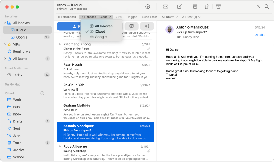 Une fenêtre de Mail affichant le menu « Toutes les boîtes » dans la barre des favoris.