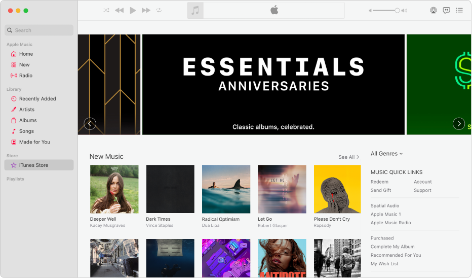 La fenêtre principale de l’iTunes Store : dans la barre latérale, iTunes Store est surligné.