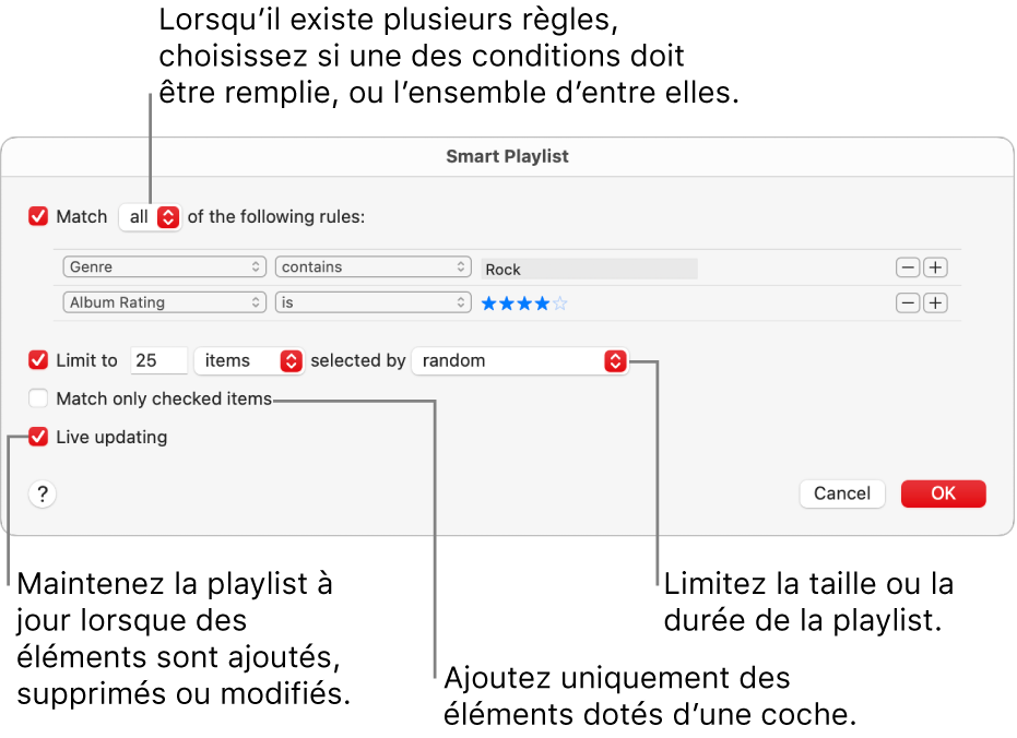 La zone de dialogue « Playlist intelligente » : Dans le coin supérieur gauche, sélectionnez Inclure, puis indiquez les critères de la playlist (comme Genre ou Classement). Continuez d’ajouter ou de supprimer des règles en cliquant sur le bouton Ajouter ou Supprimer en haut à droite. Sélectionnez différentes options dans la partie inférieure de la zone de dialogue, comme la limitation de la taille ou de la durée d’une playlist, l’utilisation exclusive des éléments cochés ou la mise à jour de la playlist par Musique lorsque votre bibliothèque est modifiée.