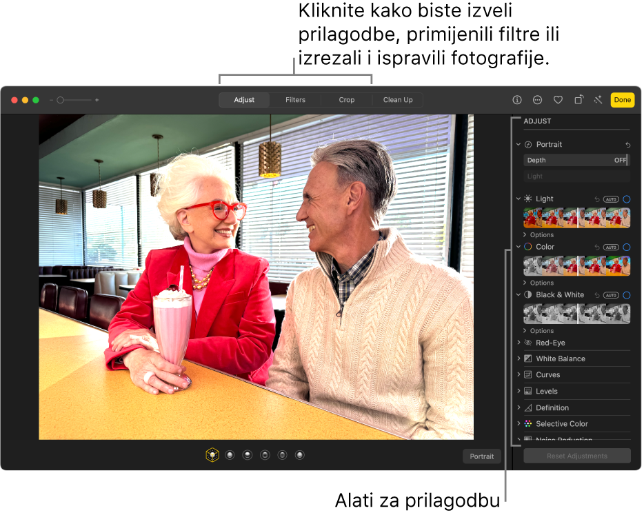 Fotografija u prikazu za uređivanje s odabranom opcijom Prilagodi u alatnoj traci i opcijama prilagodbe s desne strane.
