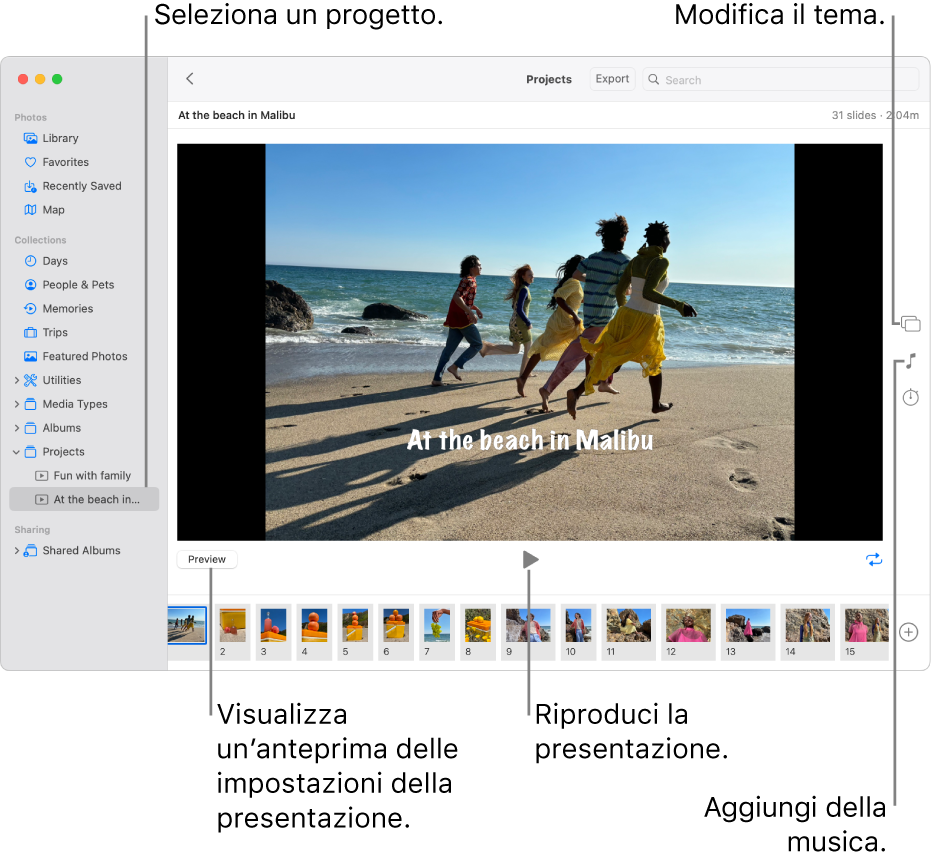 La finestra di Foto che mostra una presentazione nella parte principale della finestra, con i pulsanti Anteprima, Riproduci e Ripeti sotto l’immagine della presentazione principale, miniature di tutte le immagini della presentazione nella parte inferiore della finestra e, a destra, i pulsanti Tema, Musica e Durata.