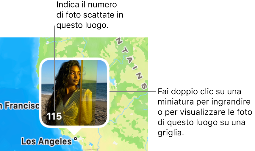Una miniatura della foto su una mappa, con un numero nell’angolo inferiore sinistro che indica il numero di foto scattate in quella località.