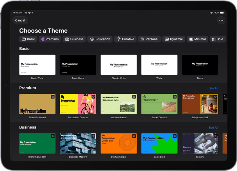 Paleta motywów z widocznym na górze wierszem kategorii, w które możesz stuknąć, aby filtrować dostępne motywy. Poniżej widoczne są miniaturki gotowych motywów uporządkowane wierszami według kategorii.