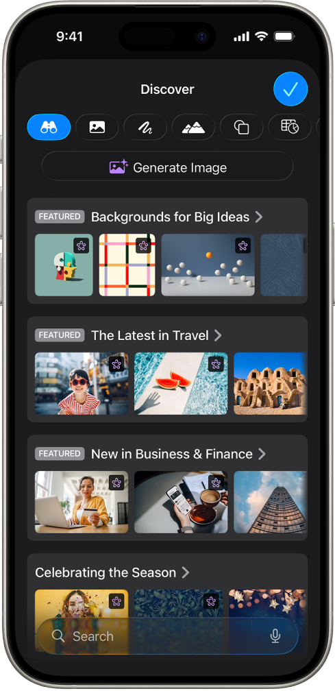 Категория «Обзор» в Центре контента. Показаны параметры, позволяющие сгенерировать изображение или добавить премиум-изображения на слайд.