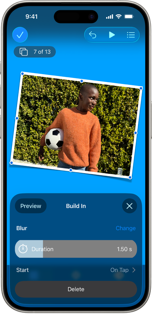 Элементы управления анимацией для изображения, выбранного на слайде. Внизу экрана отображаются элементы управления для эффекта сборки, который используется в данный момент.