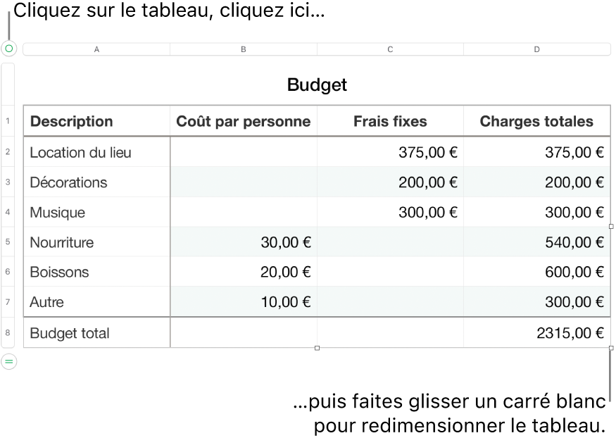 Un tableau sélectionné avec des carrés blancs pour le redimensionner.
