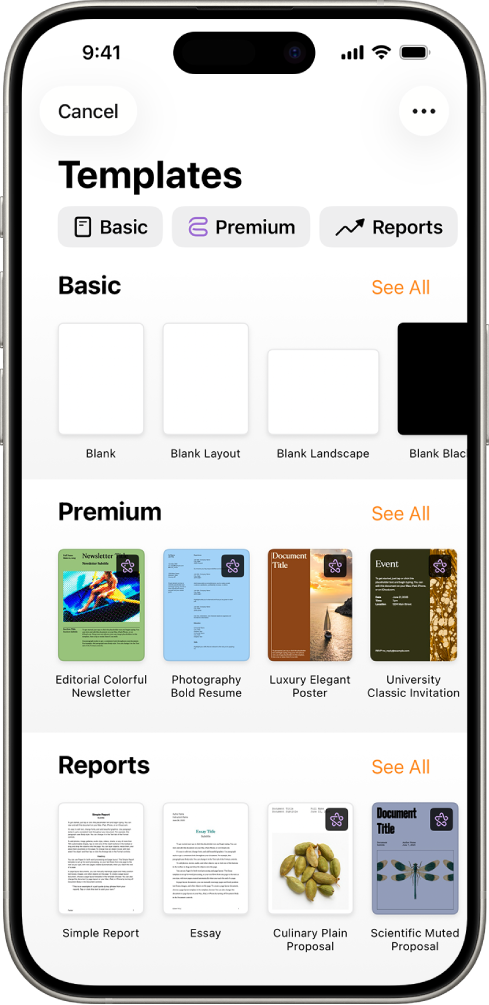 منتقي القوالب يعرض صفًا من الفئات على طول الجزء العلوي حيث يمكنك الضغط لتصفية الخيارات. في الأسفل تظهر صور مصغرة للقوالب المصممة مسبقًا مرتبة في صفوف حسب الفئة، بدءًا من "جديد" في الجزء العلوي ثم "العناصر الأخيرة" و"أساسي". زر مشاهدة الكل يظهر في الأعلى وعلى يسار كل صف فئة.