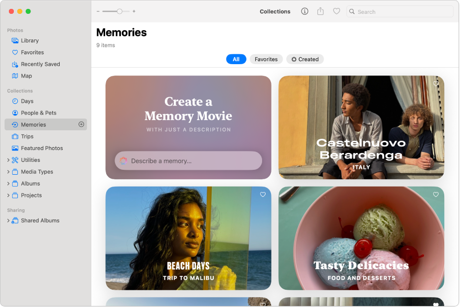 A Photos window on Mac showing the Memories collection with options to create a memory movie and watch previously created memories.