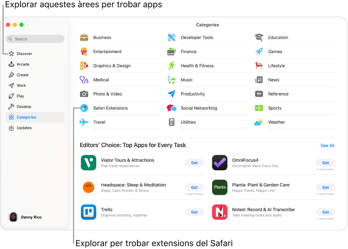 La pàgina “Categories” de la Mac App Store. La barra lateral de l’esquerra també inclou enllaços a altres pàgines: Descobreix, Arcade, Crea, Treballa, Juga, Desenvolupa i Actualitzacions.