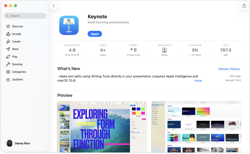 Pagina de descriere a aplicației Keynote din App Store pe Mac.