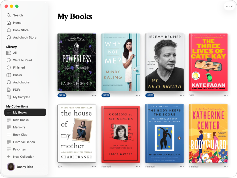 Ένα παράθυρο της εφαρμογής «Βιβλία» όπου φαίνονται επιλεγμένα «Τα βιβλία μου» στην πλαϊνή στήλη, και η συλλογή επιλεγμένων βιβλίων στα δεξιά.