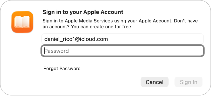 The “Sign in to your Apple Account” dialog in Books.