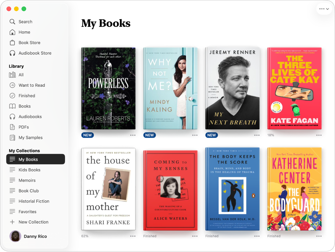 Uma janela do app Livros mostrando a coleção Meus Livros selecionada na barra lateral e os títulos dessa coleção mostradas no lado direito.