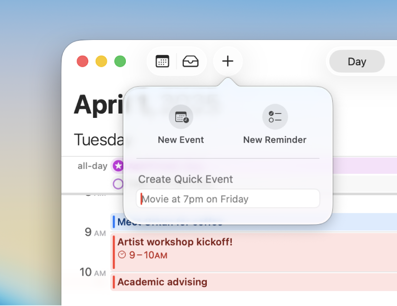 Dialogen Opret Hurtig begivenhed.