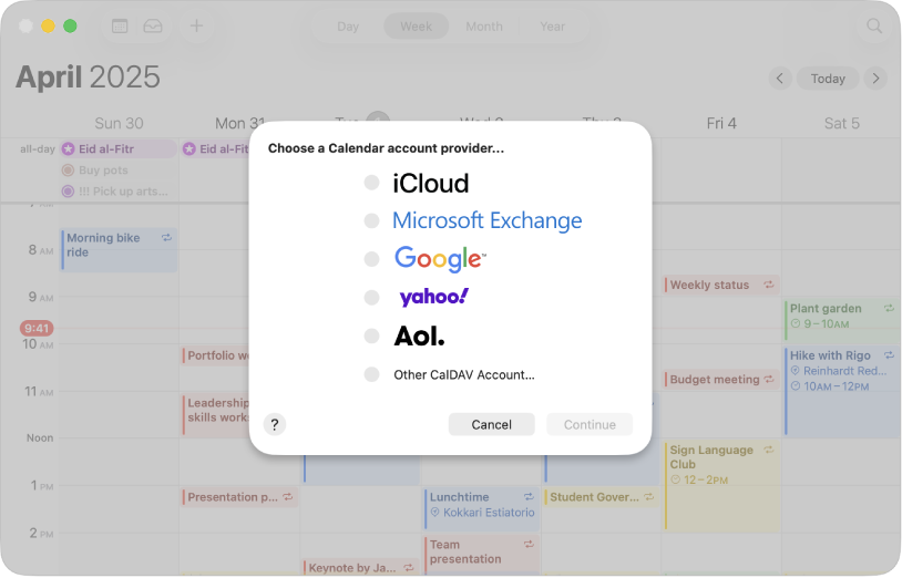 Et Kalendervindue viser kontodialogen.