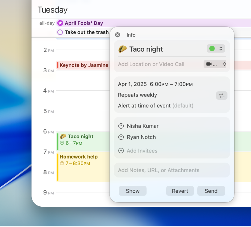 Gæsterne vises i infovinduet til en begivenhed.