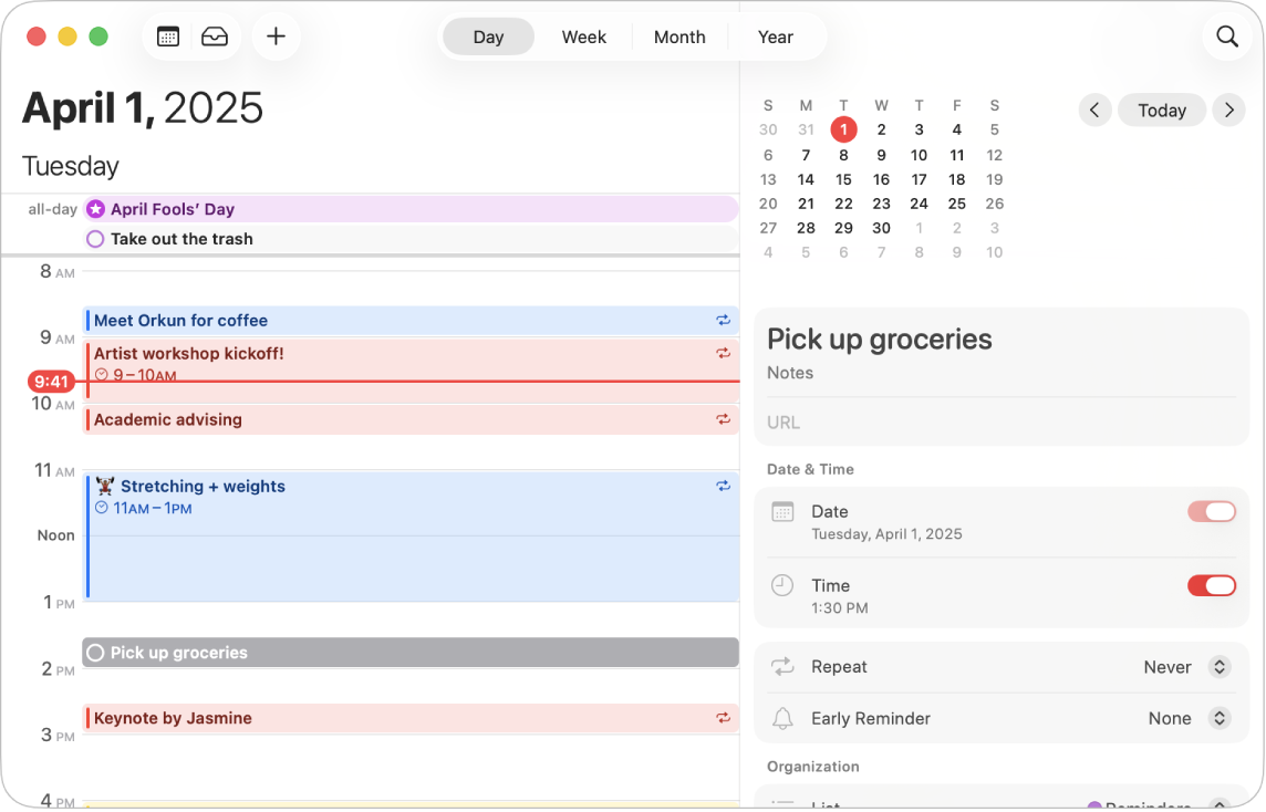 Et vindue i Kalender i dagsoversigt, der viser begivenheder, en planlagt påmindelse og det område, hvor påmindelser tilføjes, til højre.