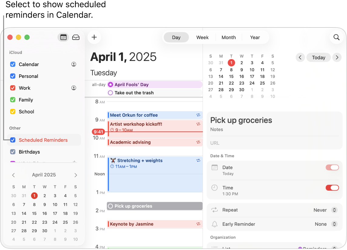A Calendar window in Day view showing the calendar list and the selected Scheduled Reminders checkbox. The Day schedule shows events and a scheduled reminder with the add reminders area on the right.