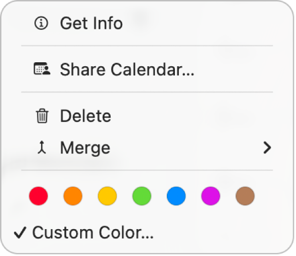 Le menu contextuel dans Calendrier affichant les options de couleur.