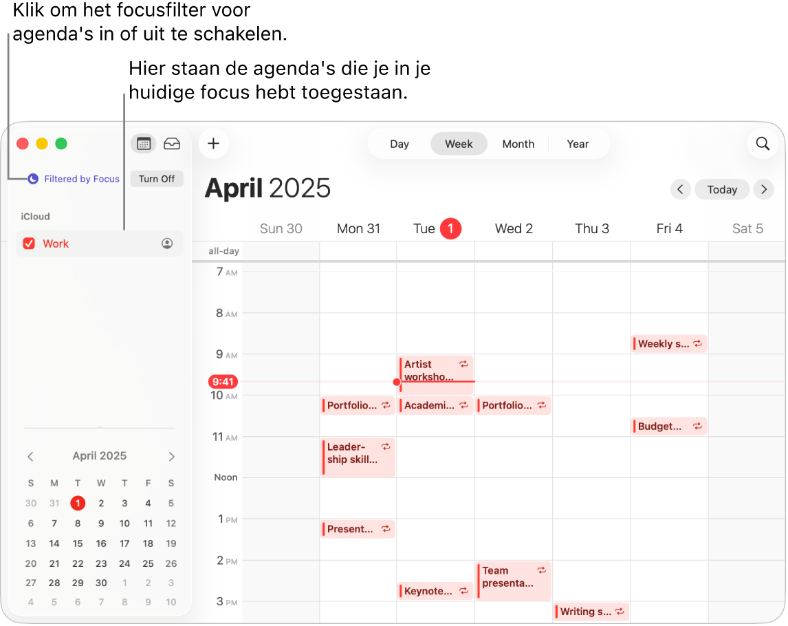Een Agenda-venster in de weekweergave met alleen de werkagenda in de navigatiekolom nadat de focus 'Werk' is ingeschakeld.