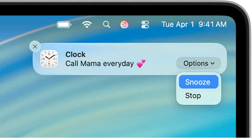 स्नूज़ और रोकें को मेन्यू आइटम के रूप में रखने वाला विकल्प पॉप-अप मेन्यू वाली अलार्म सूचना।