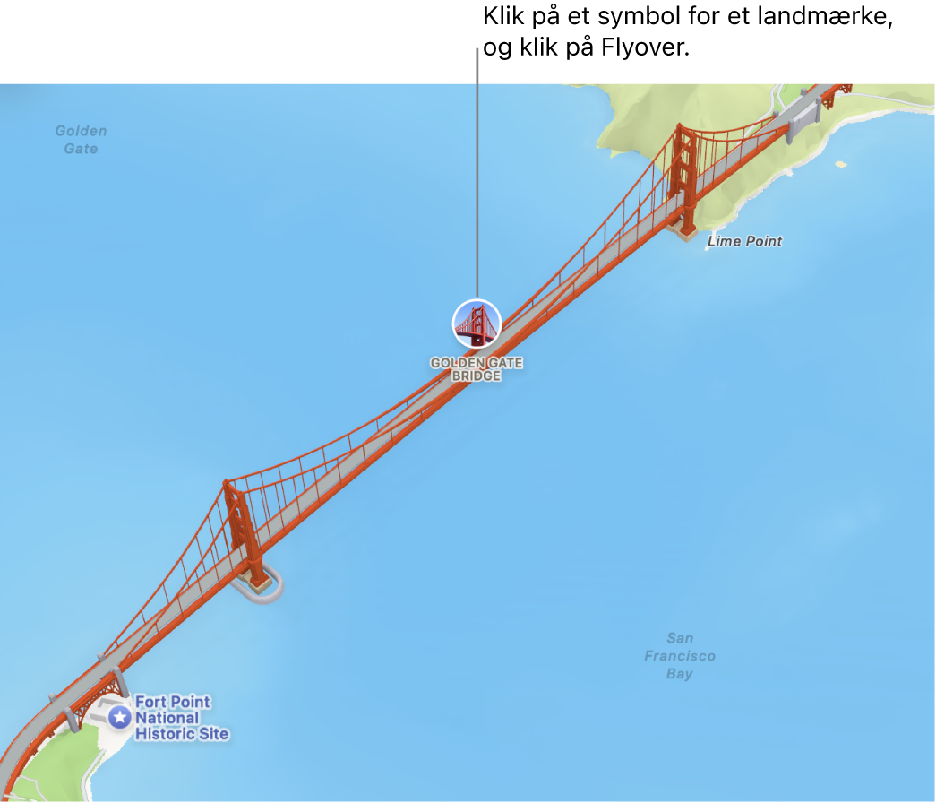 Der er ofte Flyover-rundture til lokaliteter, der er markeret med et symbol i en cirkel.