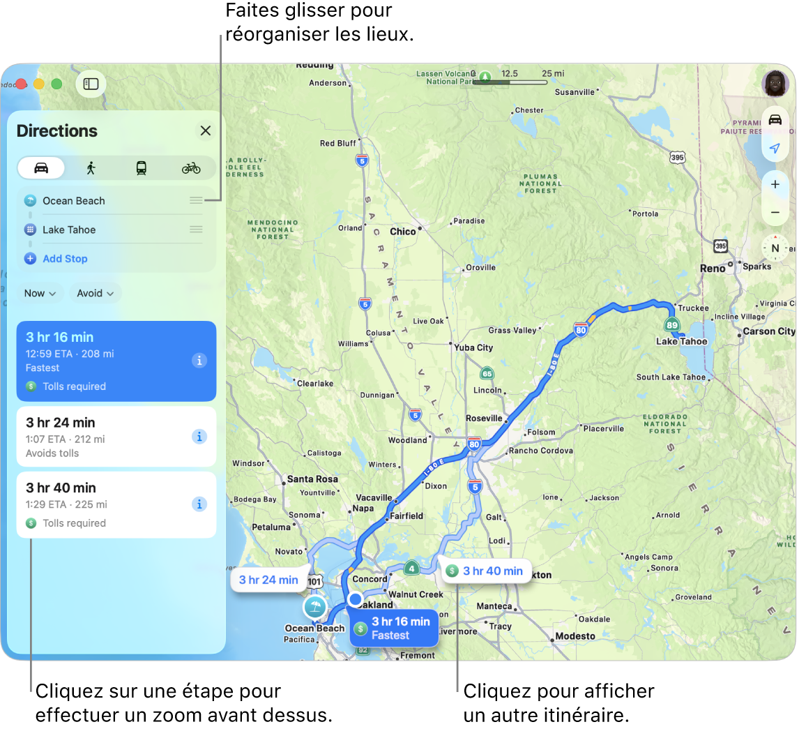 Un plan de la région de San Francisco avec un itinéraire en voiture entre deux lieux. Des routes alternatives sont également affichées sur le plan.
