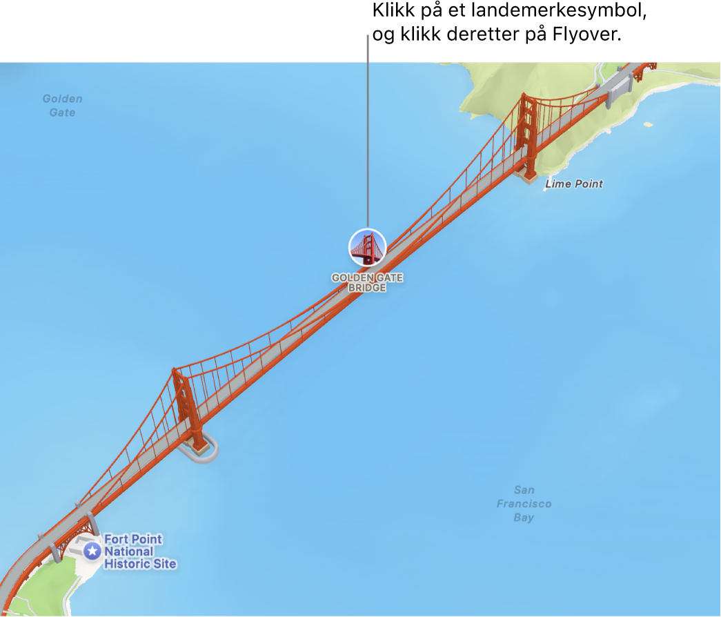Steder med sirkel rundt symbolene har ofte Flyover-omvisninger.
