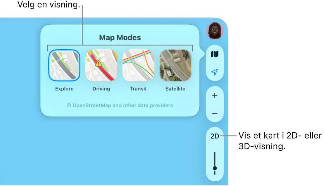 Kart-knappen har blitt klikket på, og fire kartvisninger er tilgjengelige: Utforsk, Med bil, Kollektivt og Satellitt.