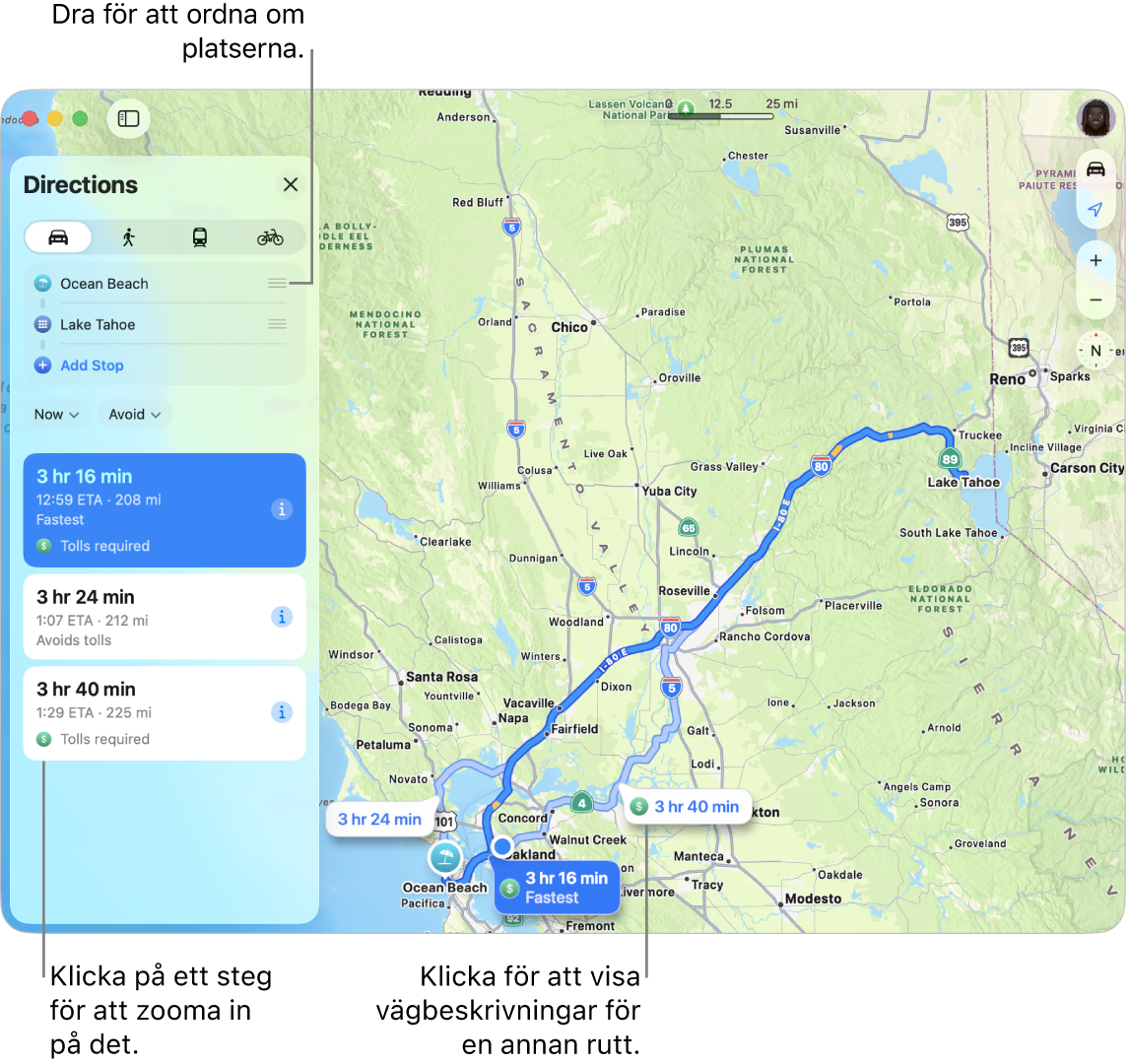 En karta över San Francisco-området med färdbeskrivningar för en bilrutt mellan två platser. Alternativa rutter visas också på kartan.
