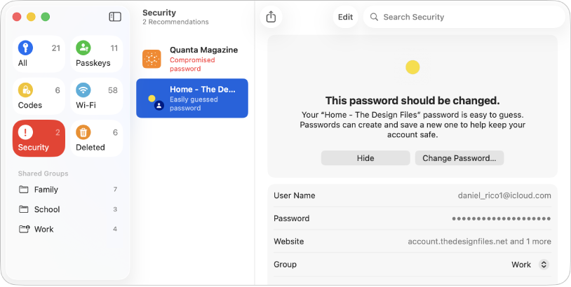 The main screen for the Passwords app, showing the types of passwords in the sidebar on the left (with Security selected), a list of password accounts with potential security concerns in the middle (with Bazare selected) and the details of the Bazare account security concern on the right.