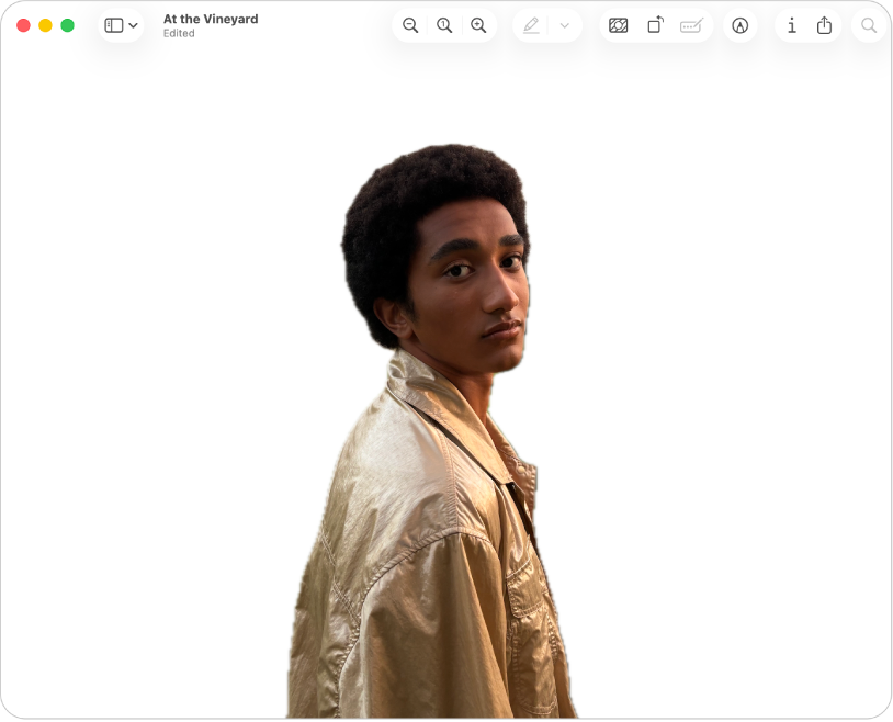A photo in the Preview app with a person in the foreground and an empty background.