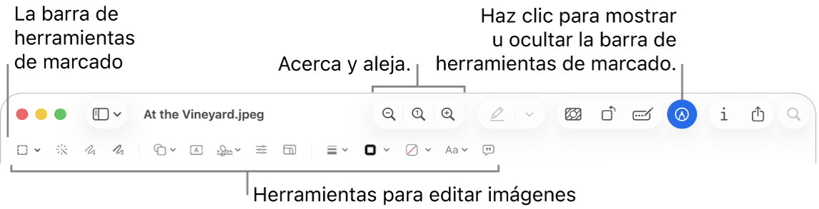 La barra de herramientas Marcado para editar imágenes.