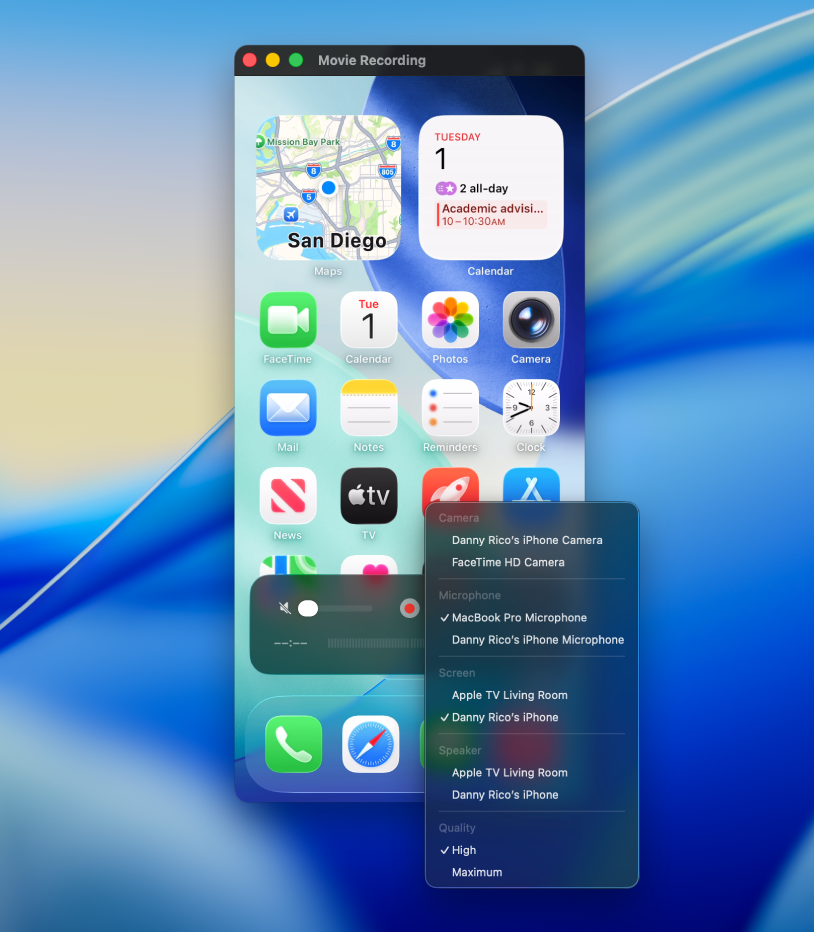 Okno pripomočka QuickTime Player v Macu med snemanjem z iPhonom.