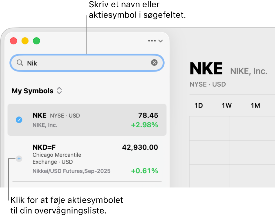 En søgning i Værdipapirer med to mulige resultater øverst i søgeresultaterne.