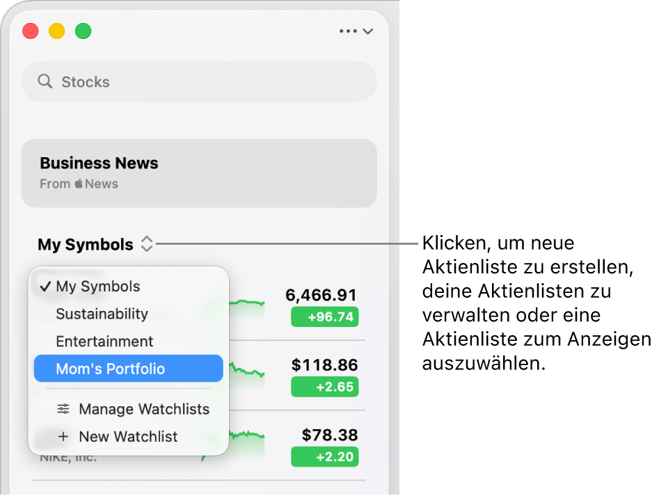 Ein Fenster „Aktien“ mit dem Suchfeld, einer Liste mit Suchergebnissen und der Taste „Zur Aktienliste hinzufügen“.