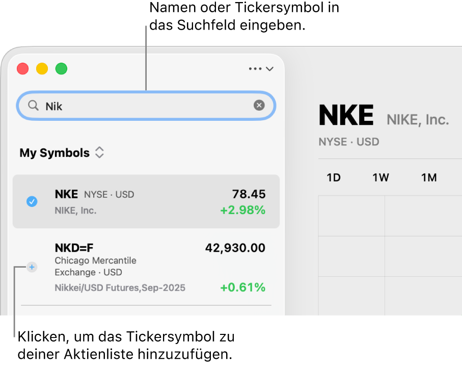 Eine Suche in der App „Aktien“ mit zwei möglichen Treffern oben in den Suchergebnissen.
