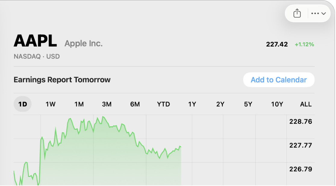 Una ventana de la app Bolsa con un botón para agregar un reporte de ganancias próximo a Calendario.