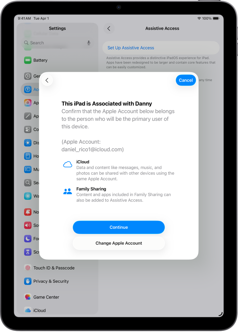 An iPad showing the Apple Account associated with the device and information about iCloud and Family Sharing features that can be used with Assistive Access.
