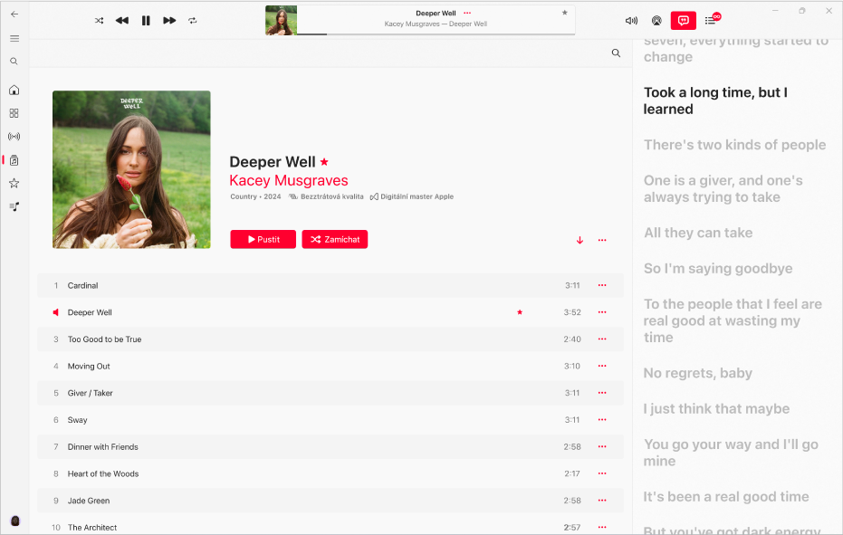 Přehrávaná skladba s textem napravo. Zobrazení textu na obrazovce je synchronizováno s hudbou