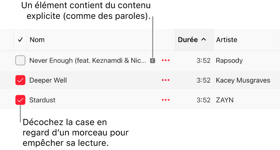 Détail de la liste des morceaux dans Apple Music, avec les cases et un symbole explicite pour le premier morceau indiquant qu’il contient du contenu explicite, comme ses paroles. Décochez la case en regard d’un morceau pour empêcher la lecture de ce dernier.