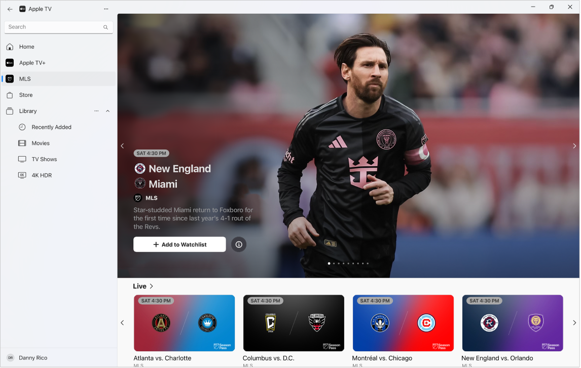 L’app Apple TV avec l’écran MLS ouvert.