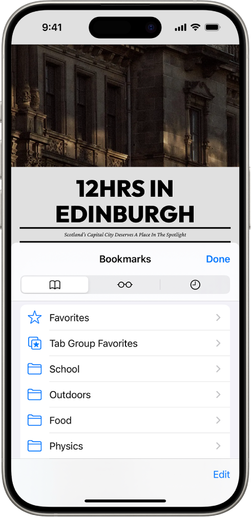 Ekrani i Bookmarks, me opsionet për të parë faqeshënuesit, Reading List dhe historinë e shfletimit.