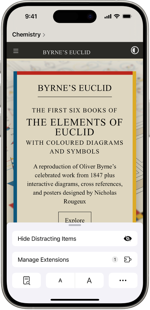 Në Safari, butoni Page Settings në një sajt uebi është trokitur, duke shfaqur opsionet, duke përfshirë Manage Extensions pranë fundit të ekranit.