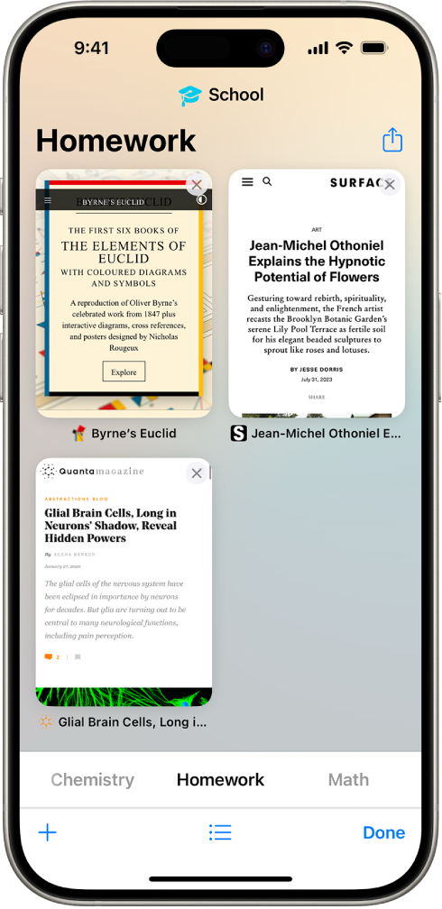 Pamjet paraprake të tri skedave të hapura në një Tab Group të quajtur Homework janë të dukshme në ekran.