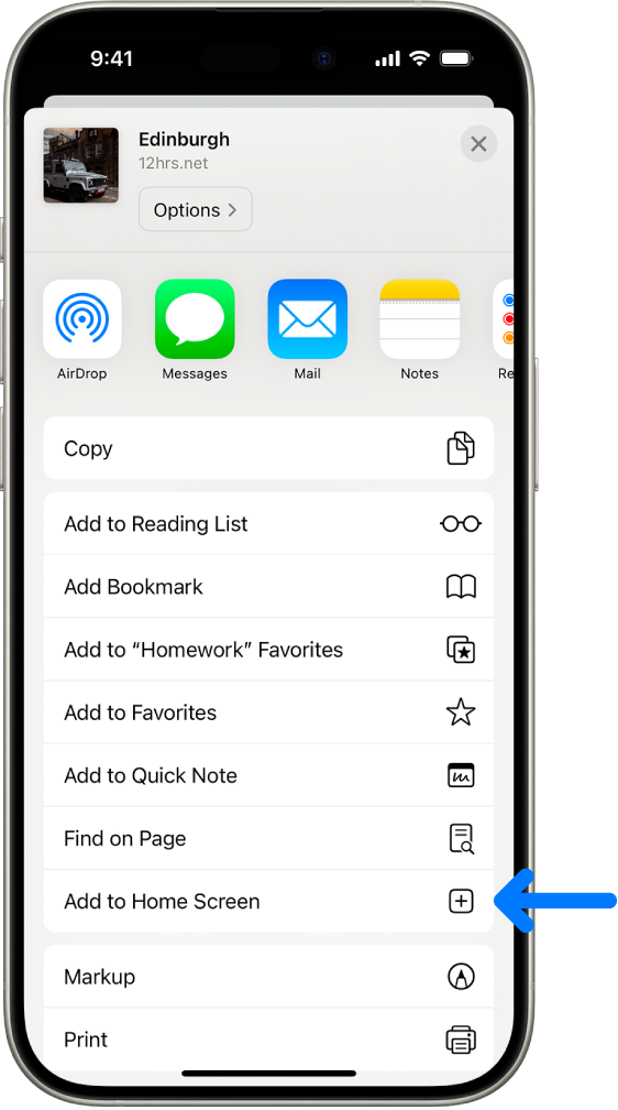 Në Safari, butoni Share në një sajt uebi është trokitur, duke shfaqur një listë opsionesh, duke përfshirë Add to Home Screen.