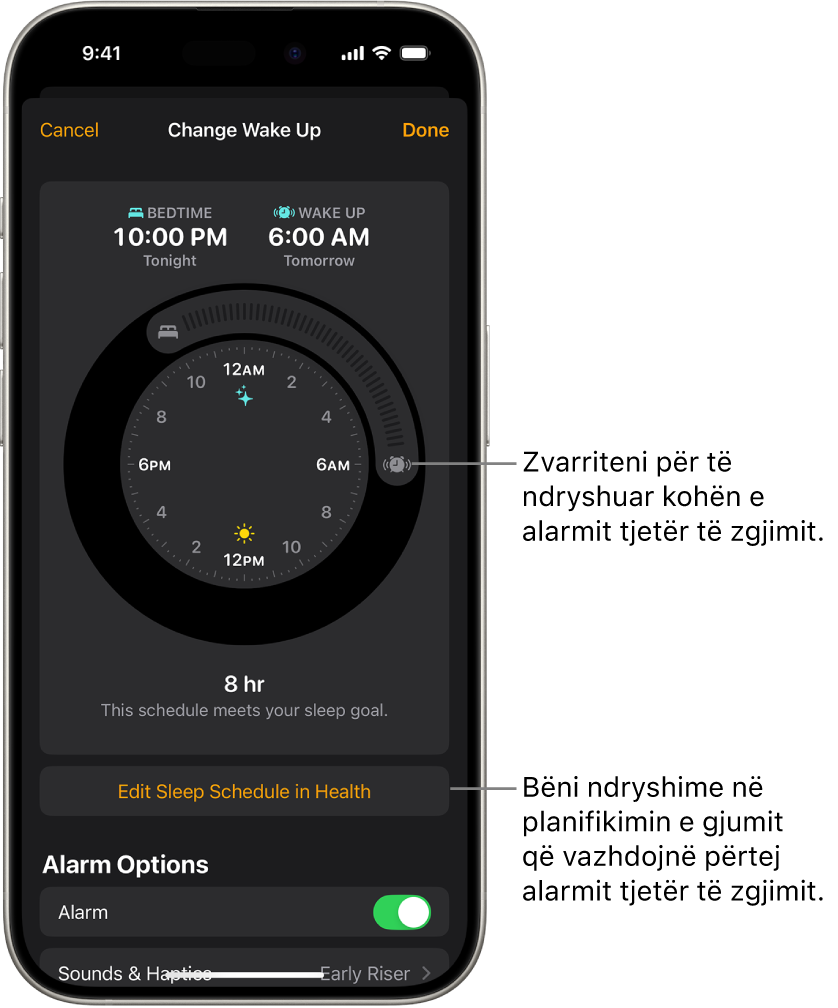 Një ekran për të ndryshuar alarmin e ardhshëm të zgjimit: Pozicioni i butonit të ziles së alarmit cakton orën e alarmit.