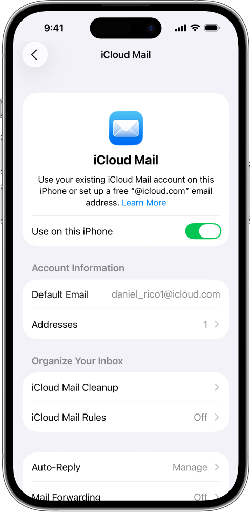 La pantalla de Mail en los ajustes de iCloud. El uso en este iPhone está activado.