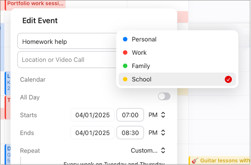 Un évènement est ouvert, et le menu contextuel de Calendrier est affiché à côté de son nom.